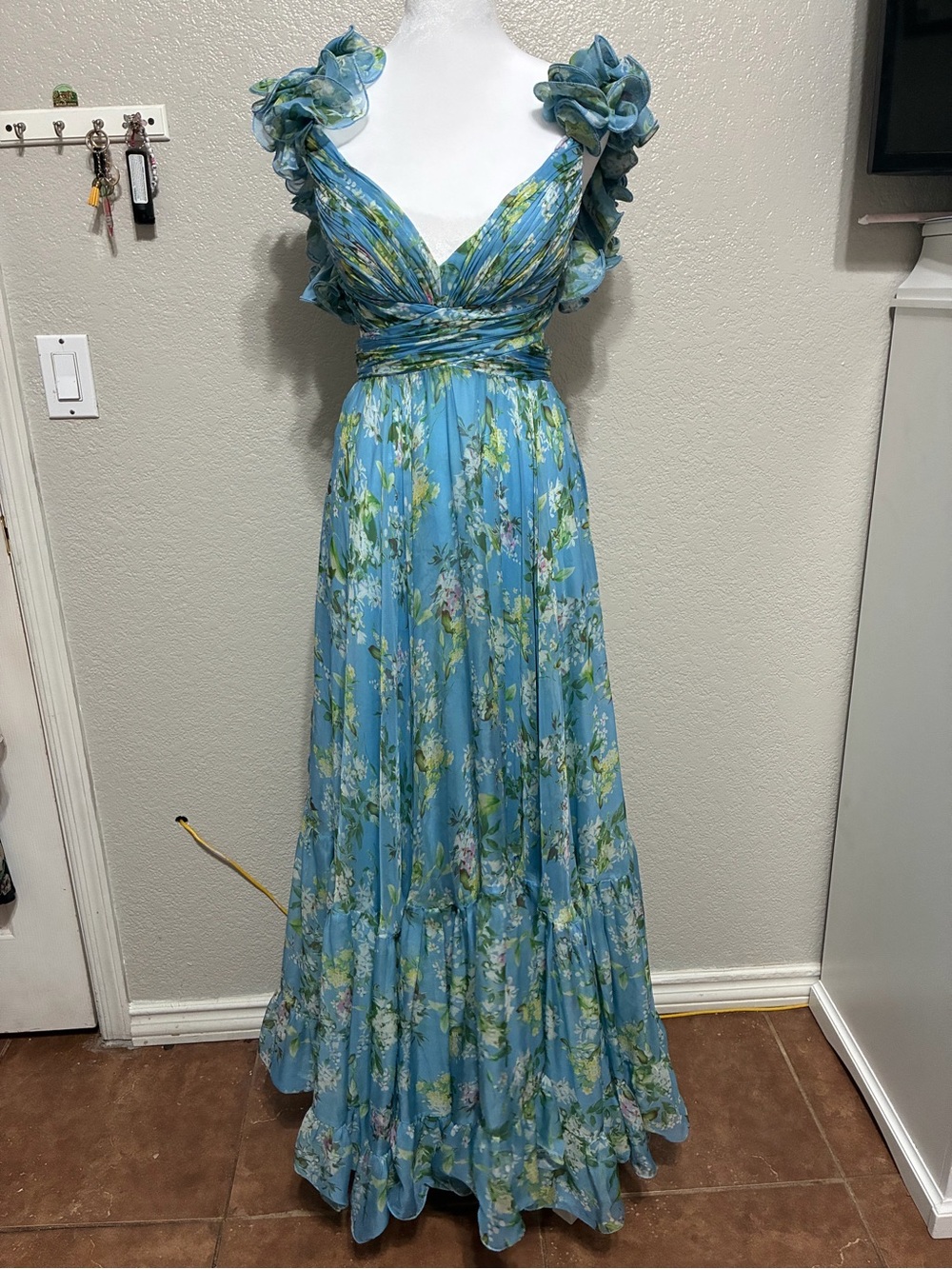 Mac Duggal blue foral ruffle tiered chiffon gown